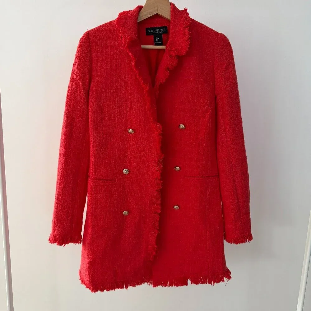 Rachel Zoe Red Tweed Double Breasted Fringe Blazer Coat Size S